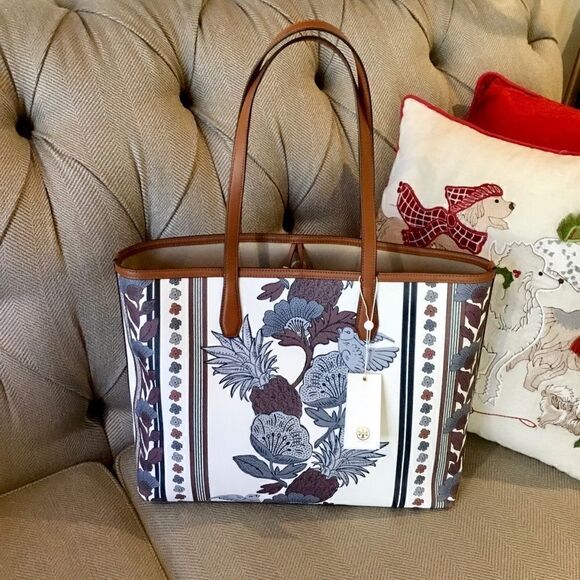 TORY BURCH FLORAL WINE PERRY LARGE TOTE LAPTOP TRAVEL HANDBAG WORK VACAT… - Picture 6 of 7